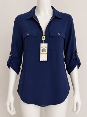 Michael Kors Deep Navy Gold-Zip Blouse